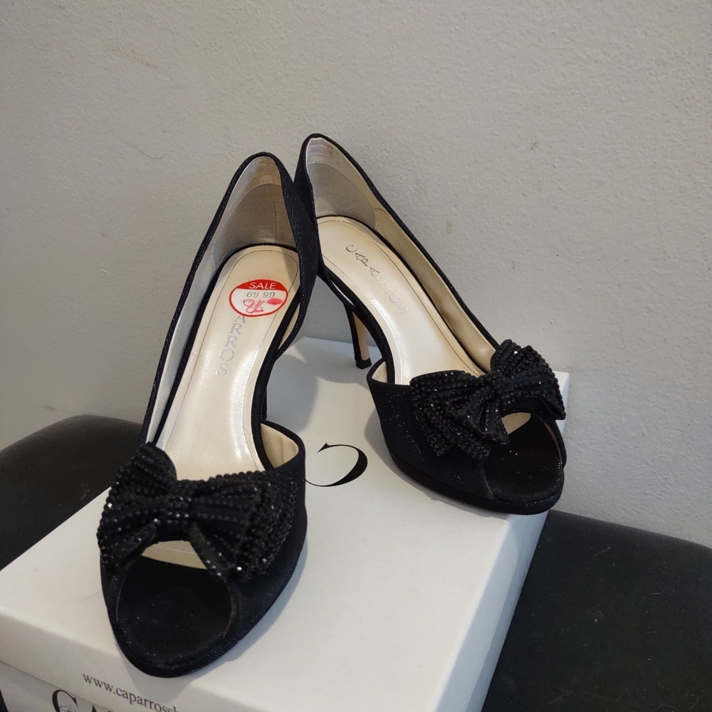 Caparros Black Peep-Toe Heels with Beaded Bow